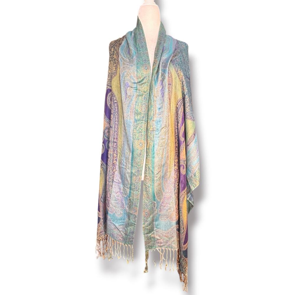 Target Paisley Shawl Wrap Scarf Teal Purple Gold Fringe Boho Chic Festival